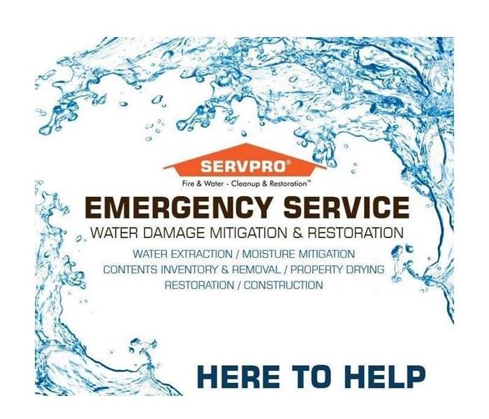 Water splash with SERVPRO logo and emergency services verbiage